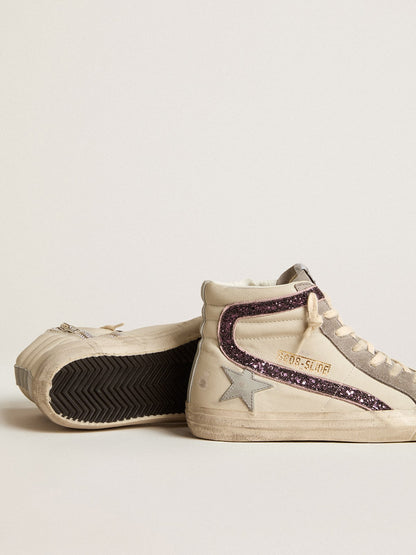 Golden Goose Slide With Gray Leather Star And Wine-Colored Glitter Flash Womens