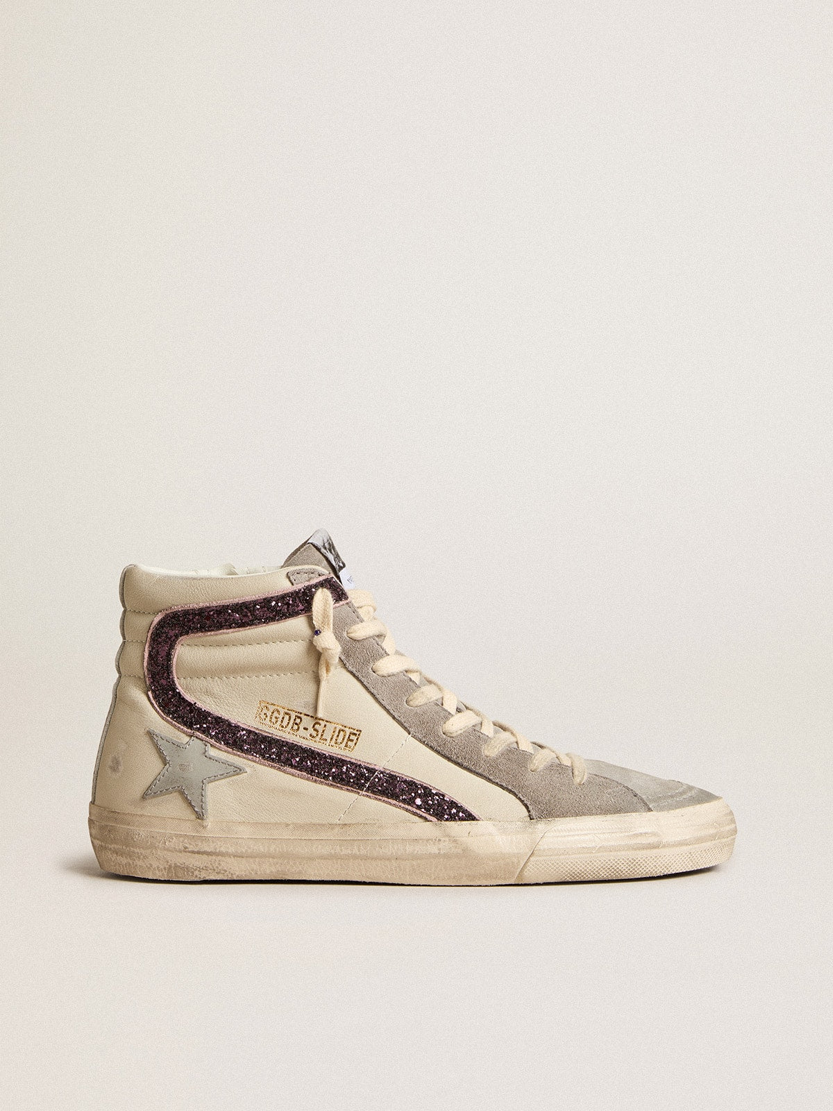 Golden Goose Slide With Gray Leather Star And Wine-Colored Glitter Flash Womens