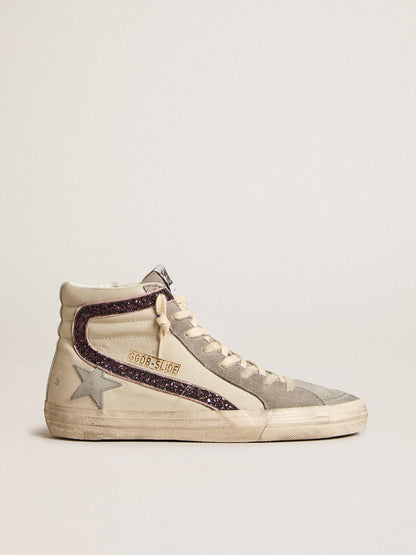 Golden Goose Slide With Gray Leather Star And Wine-Colored Glitter Flash Womens