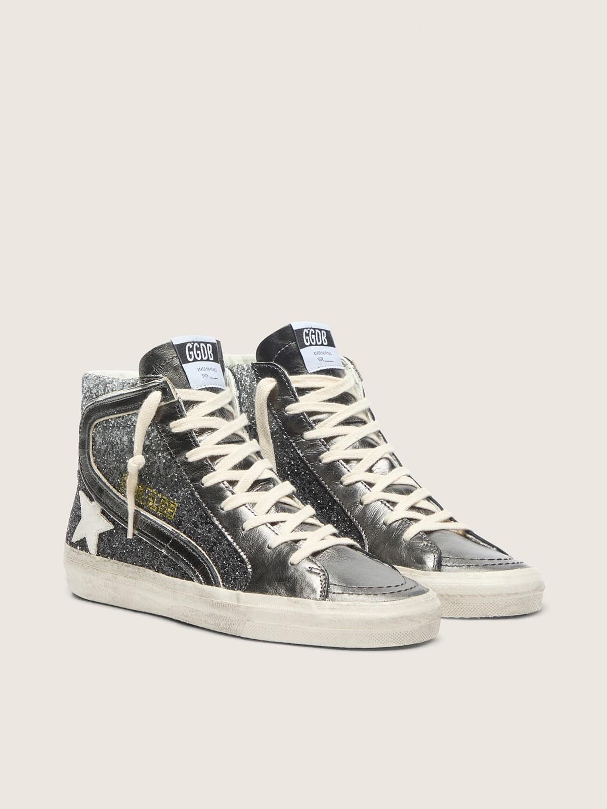 Golden Goose Womens Slide In Black And Silver Glitter With Leather Star And Metallic Flash Womens