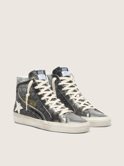 Golden Goose Womens Slide In Black And Silver Glitter With Leather Star And Metallic Flash Womens