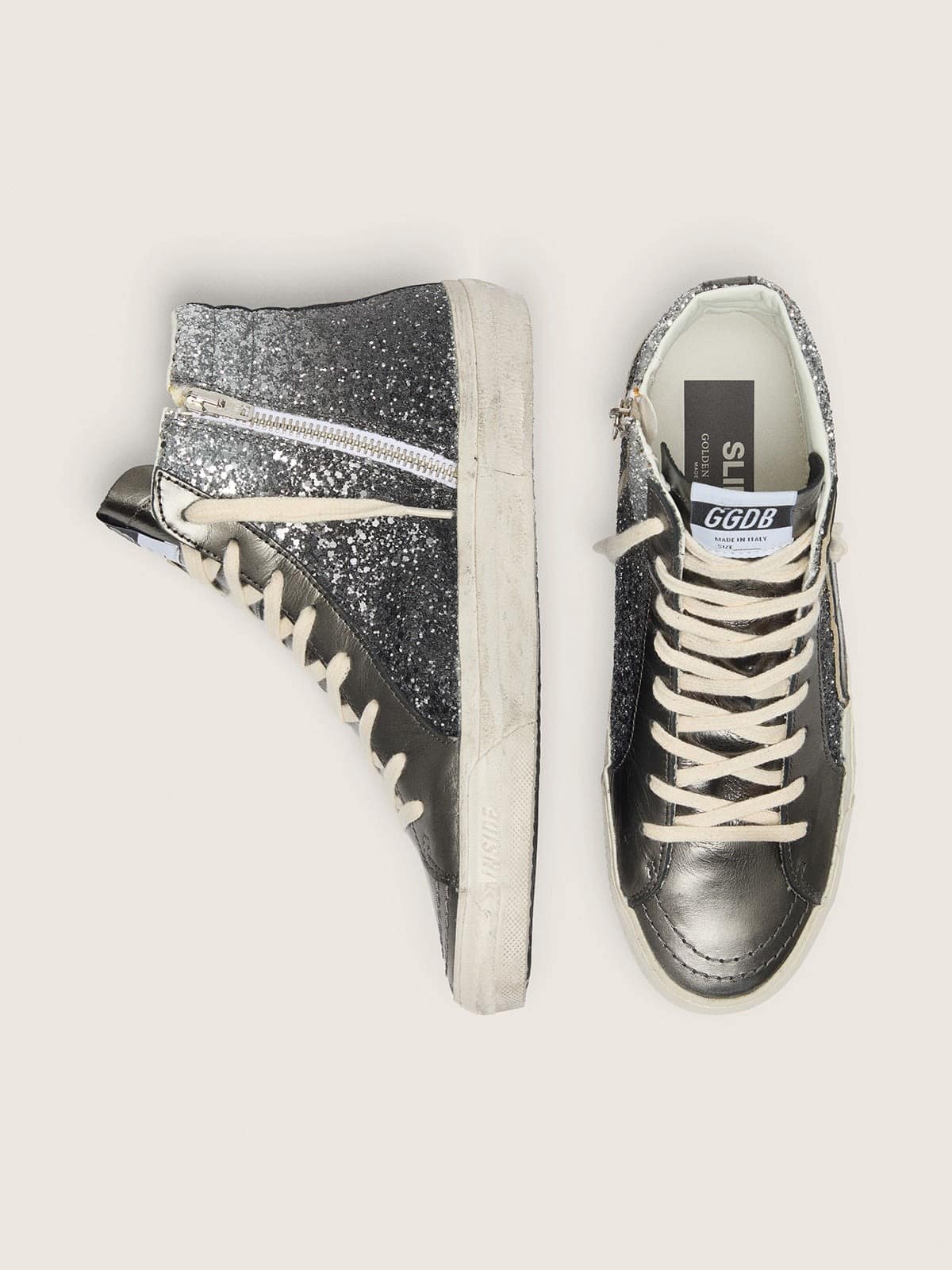 Golden Goose Womens Slide In Black And Silver Glitter With Leather Star And Metallic Flash Womens