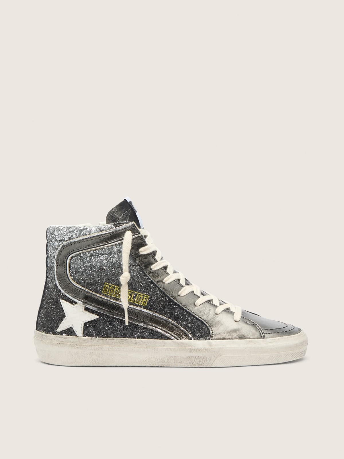Golden Goose Womens Slide In Black And Silver Glitter With Leather Star And Metallic Flash Womens