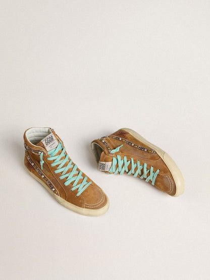 Golden Goose Womens Slide In Ocher-Colored Suede With Tobacco-Colored Leather Star Womens