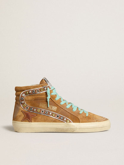 Golden Goose Womens Slide In Ocher-Colored Suede With Tobacco-Colored Leather Star Womens