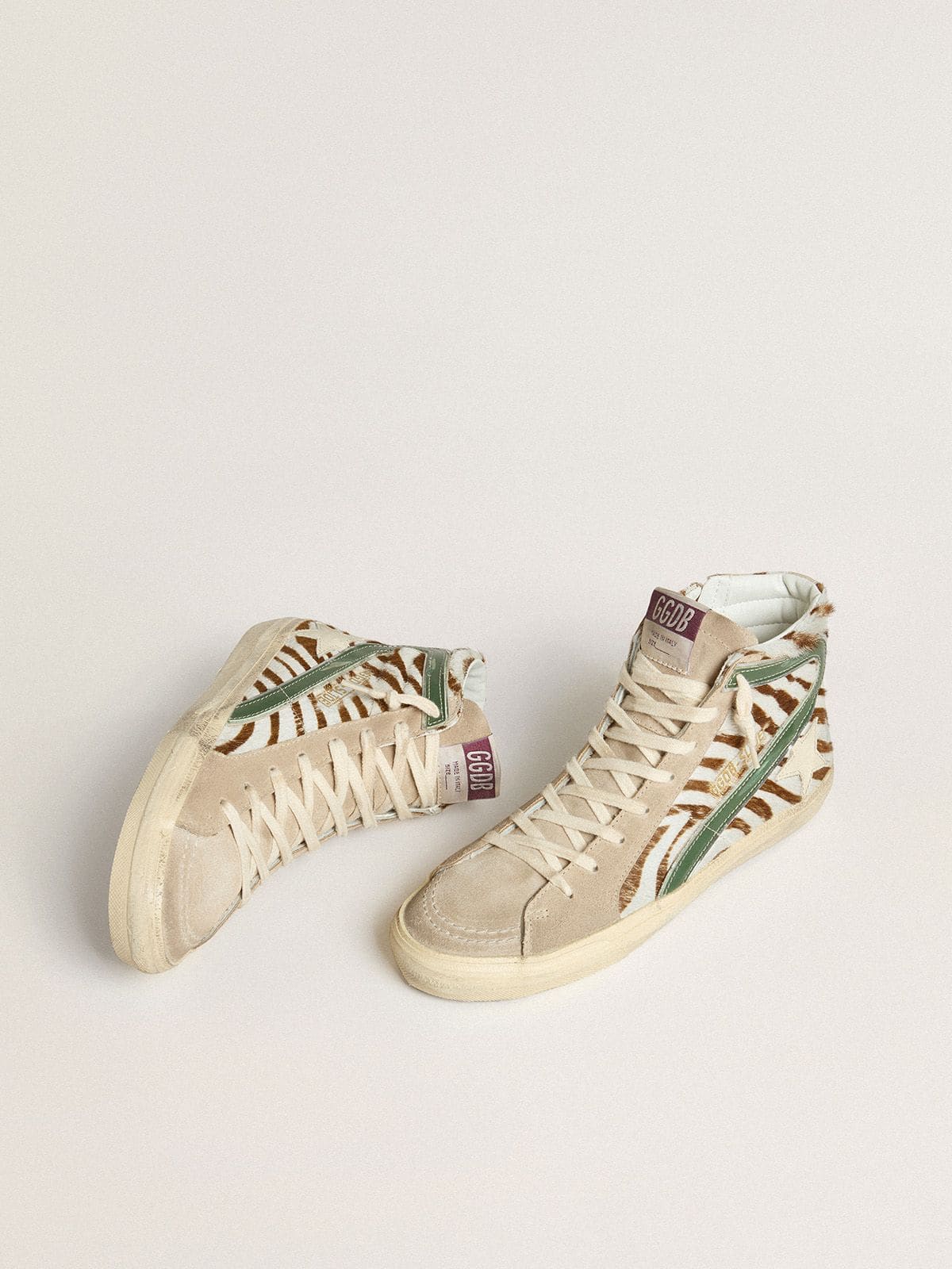 Golden Goose Womens Slide In Zebra-Print Pony Skin With Green Laminated Leather Flash Womens