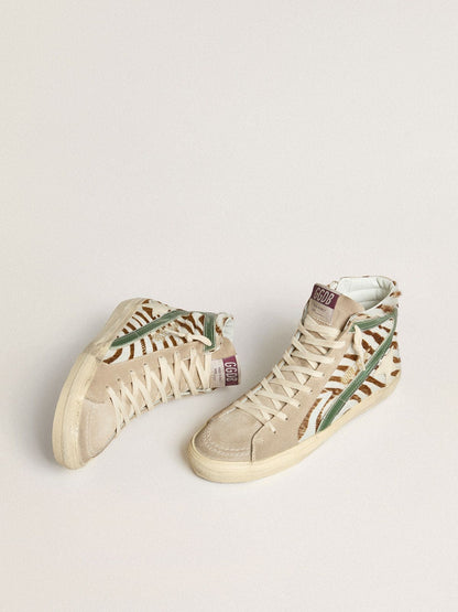 Golden Goose Womens Slide In Zebra-Print Pony Skin With Green Laminated Leather Flash Womens