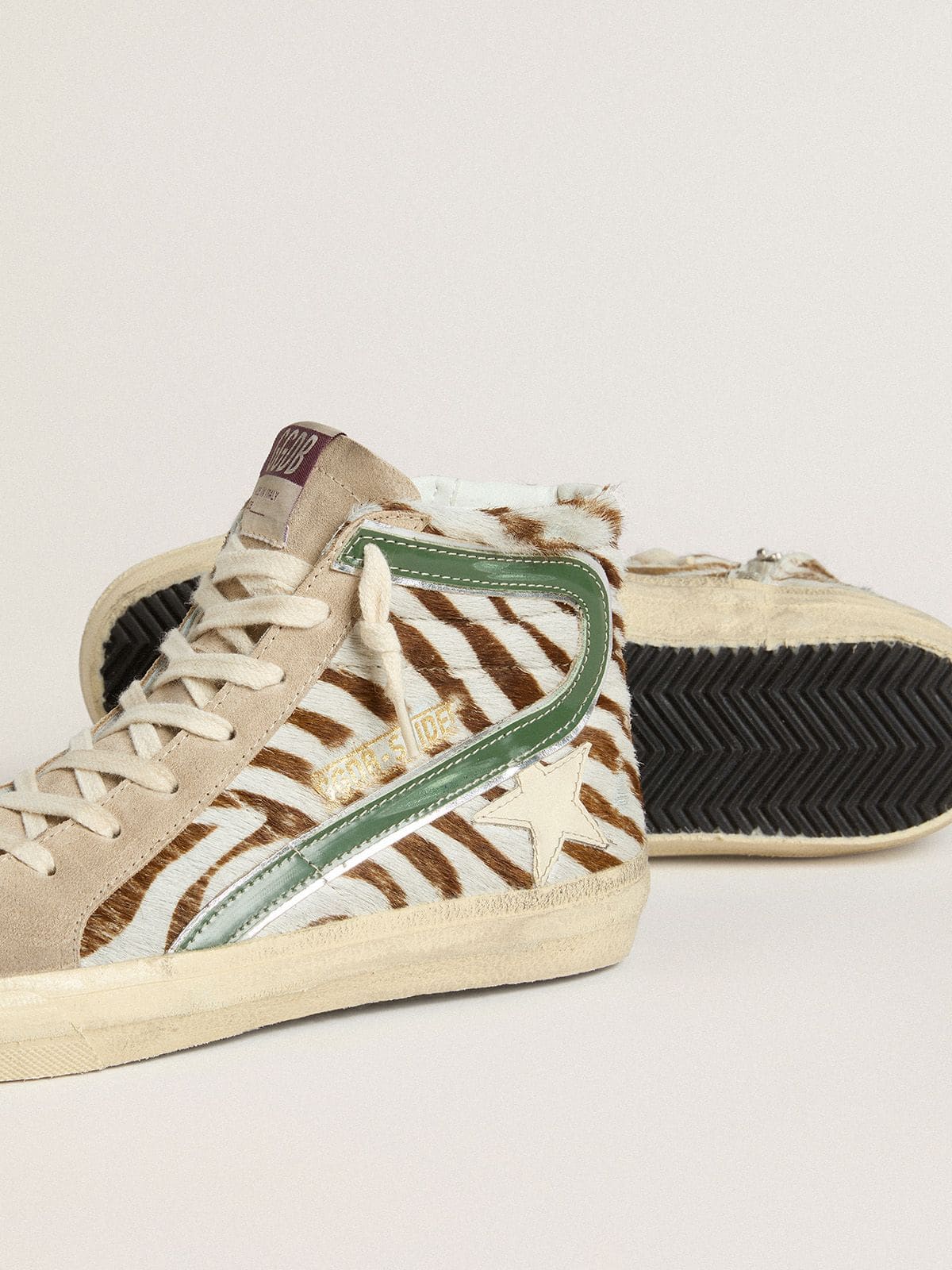Golden Goose Womens Slide In Zebra-Print Pony Skin With Green Laminated Leather Flash Womens