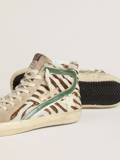 Golden Goose Womens Slide In Zebra-Print Pony Skin With Green Laminated Leather Flash Womens
