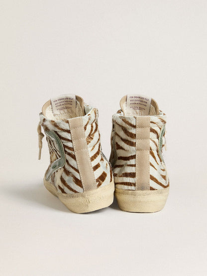 Golden Goose Womens Slide In Zebra-Print Pony Skin With Green Laminated Leather Flash Womens