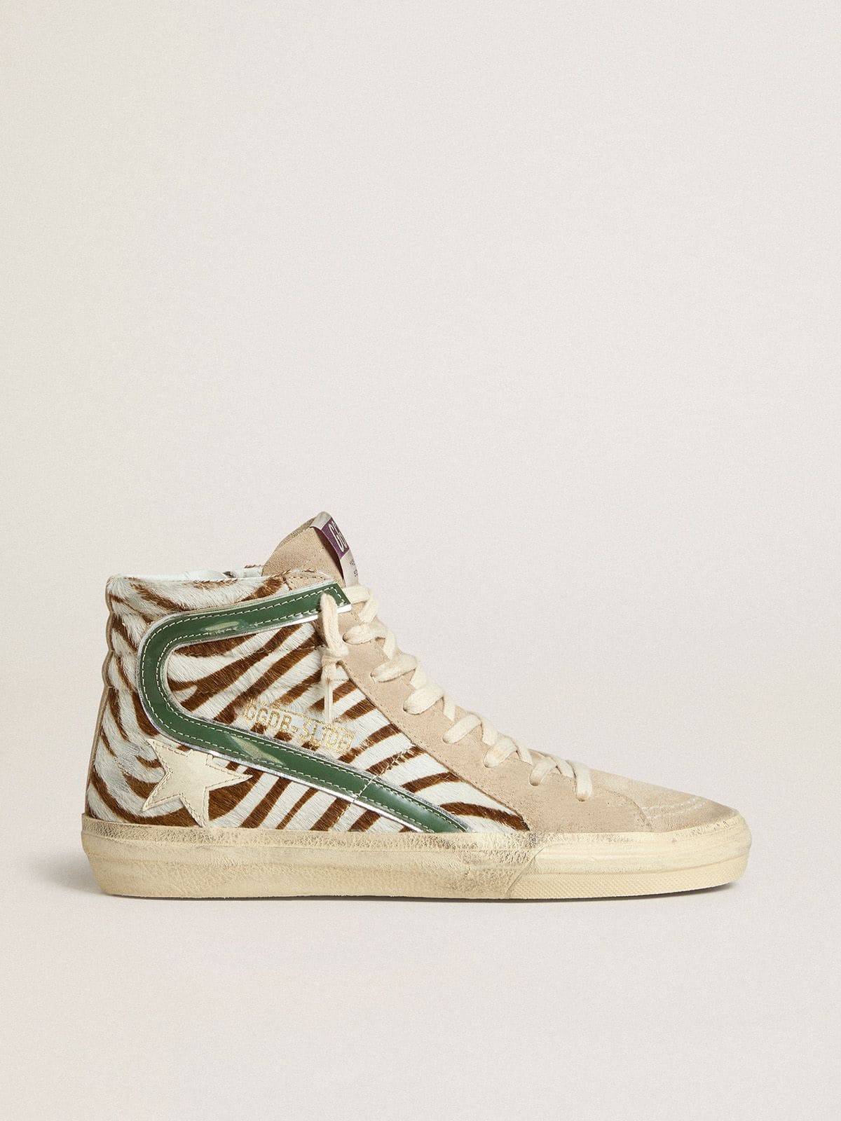Golden Goose Womens Slide In Zebra-Print Pony Skin With Green Laminated Leather Flash Womens