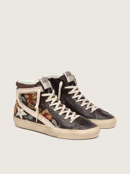 Golden Goose Womens Slide In Ebony Leather With Cream Star And Multicolor Embroidery Womens