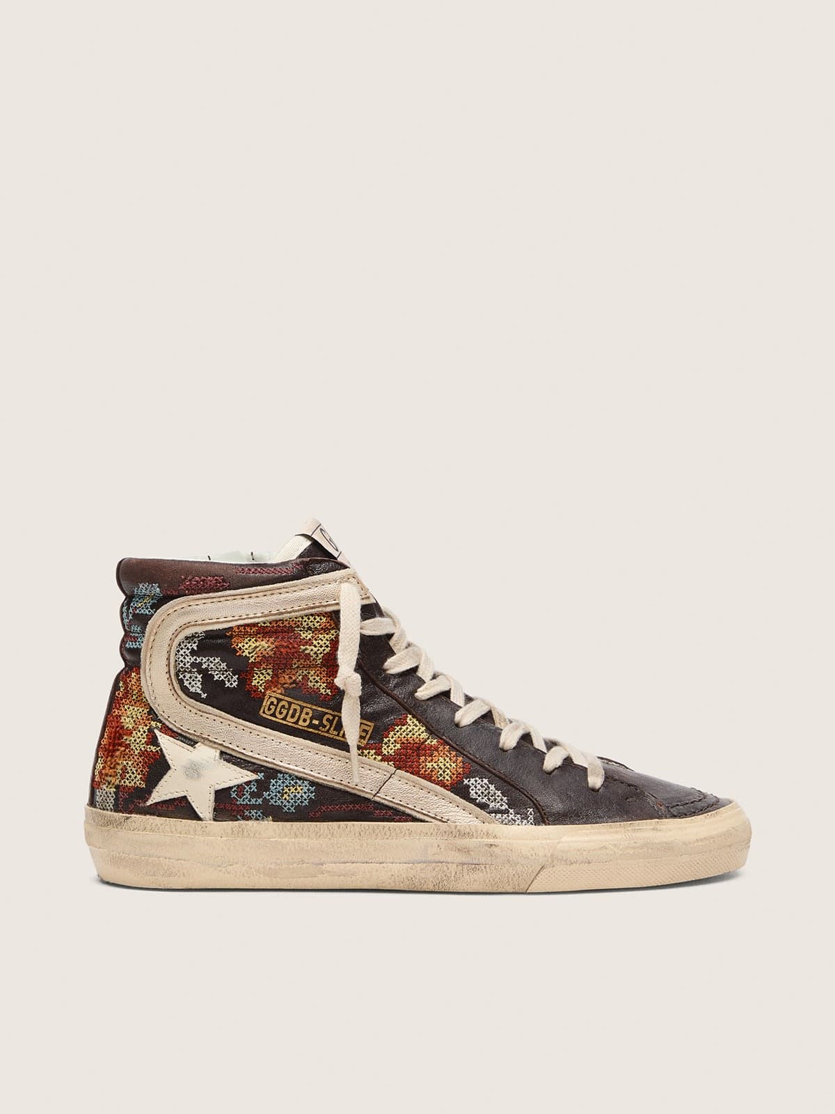 Golden Goose Womens Slide In Ebony Leather With Cream Star And Multicolor Embroidery Womens