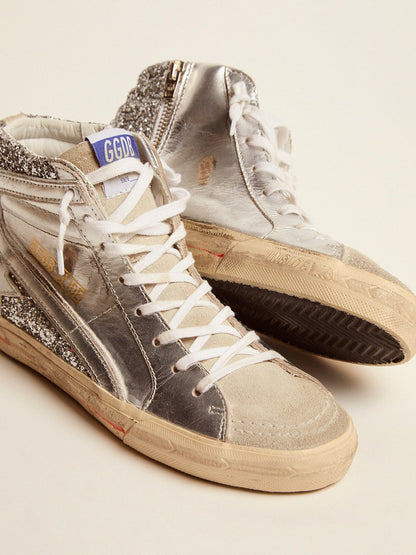 Golden Goose Womens Slide With Laminated Leather Upper And Silver Glitter Womens