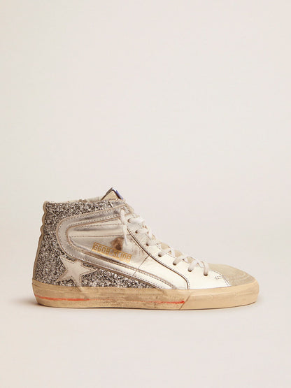Golden Goose Womens Slide With Laminated Leather Upper And Silver Glitter Womens