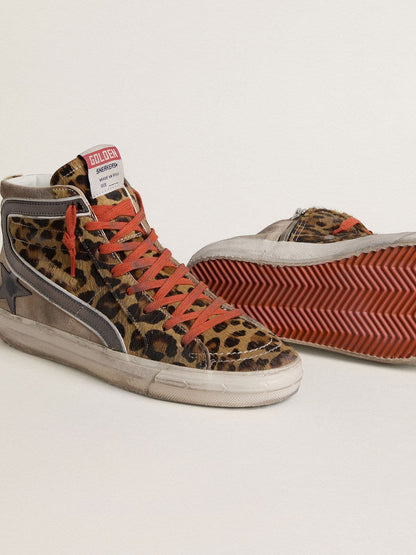 Golden Goose Womens Slide Ltd In Leopard-Print Pony Skin With Metallic Leather Star And Flash Womens