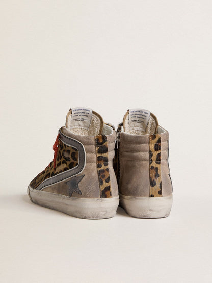 Golden Goose Womens Slide Ltd In Leopard-Print Pony Skin With Metallic Leather Star And Flash Womens