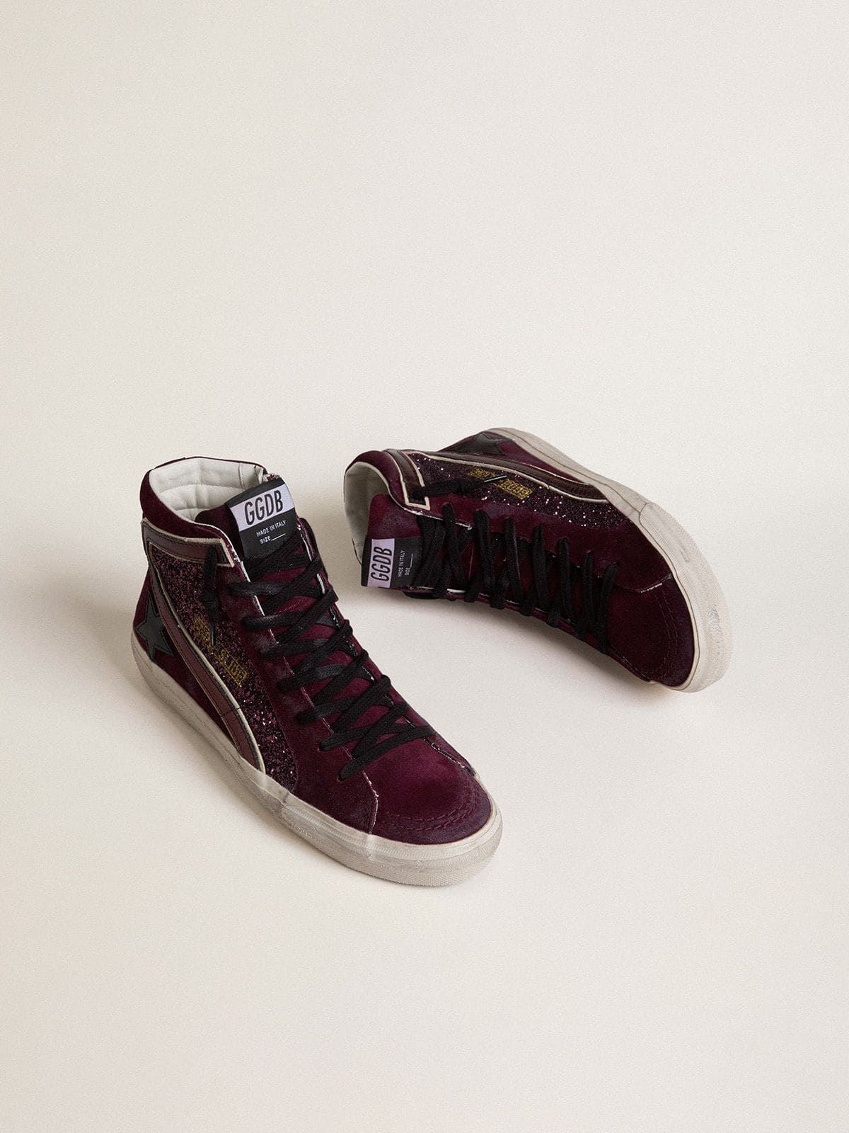 Golden Goose Womens Slide In Black Cherry Glitter And Suede With Leather Star And Metallic Leather Flash Womens