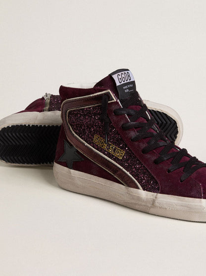 Golden Goose Womens Slide In Black Cherry Glitter And Suede With Leather Star And Metallic Leather Flash Womens