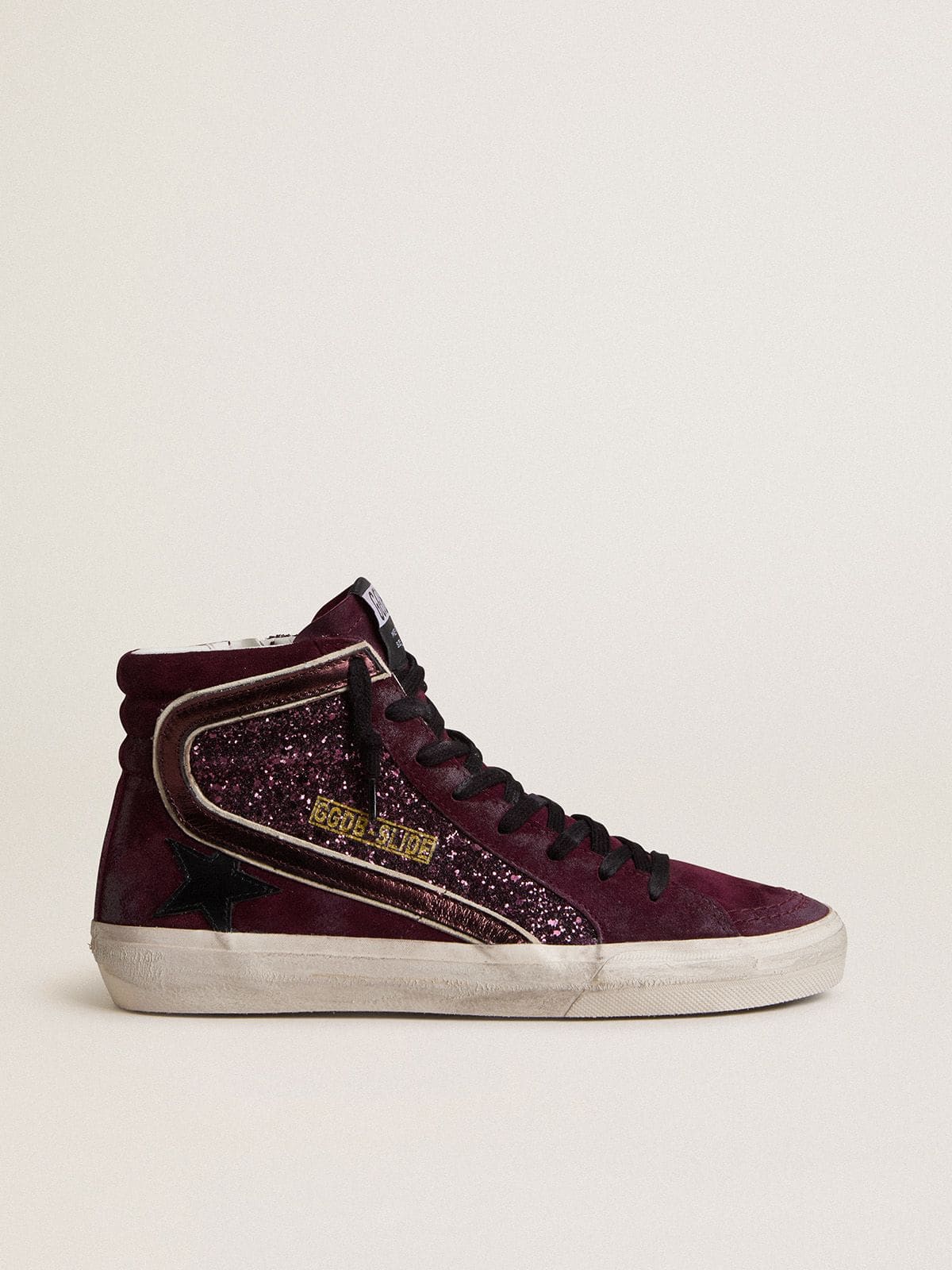 Golden Goose Womens Slide In Black Cherry Glitter And Suede With Leather Star And Metallic Leather Flash Womens