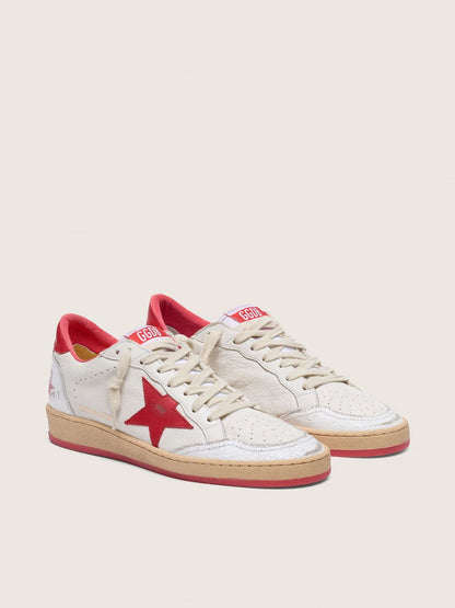 Golden Goose Womens Ball Star In White Leather With Red Star And Heel Tab Womens