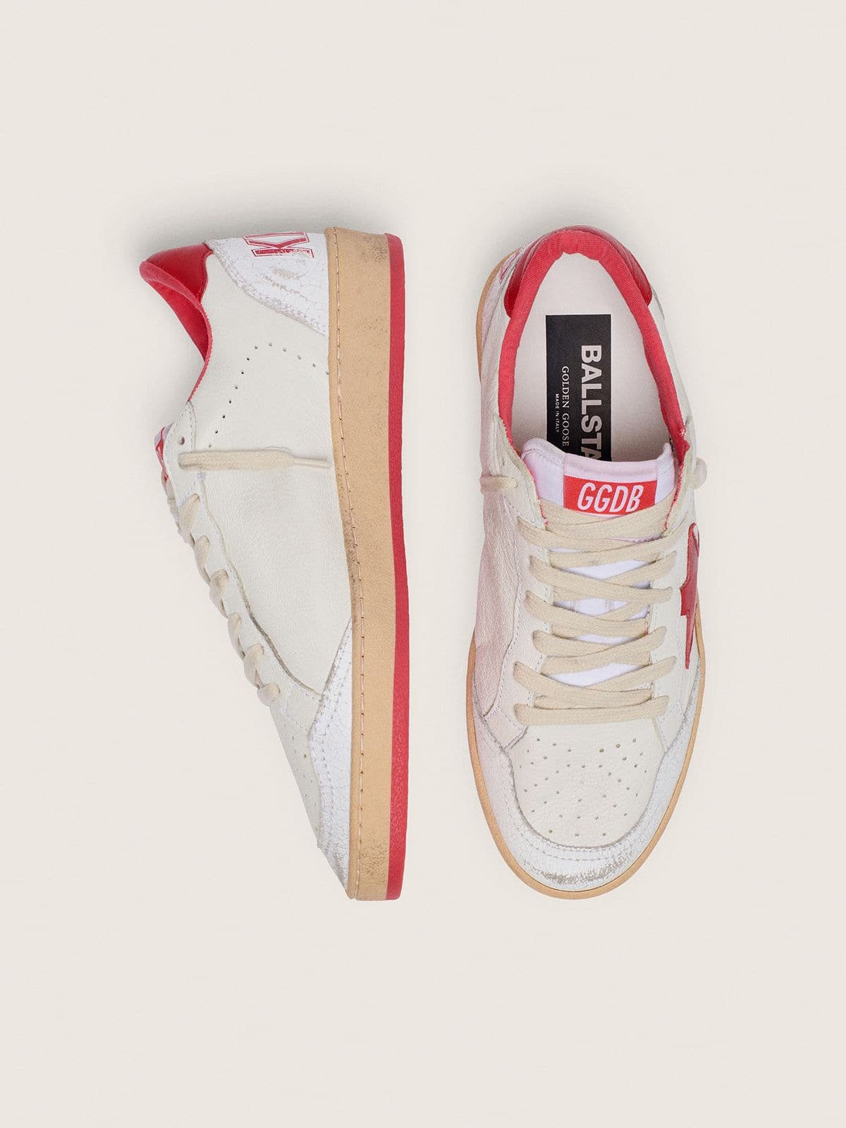 Golden Goose Womens Ball Star In White Leather With Red Star And Heel Tab Womens