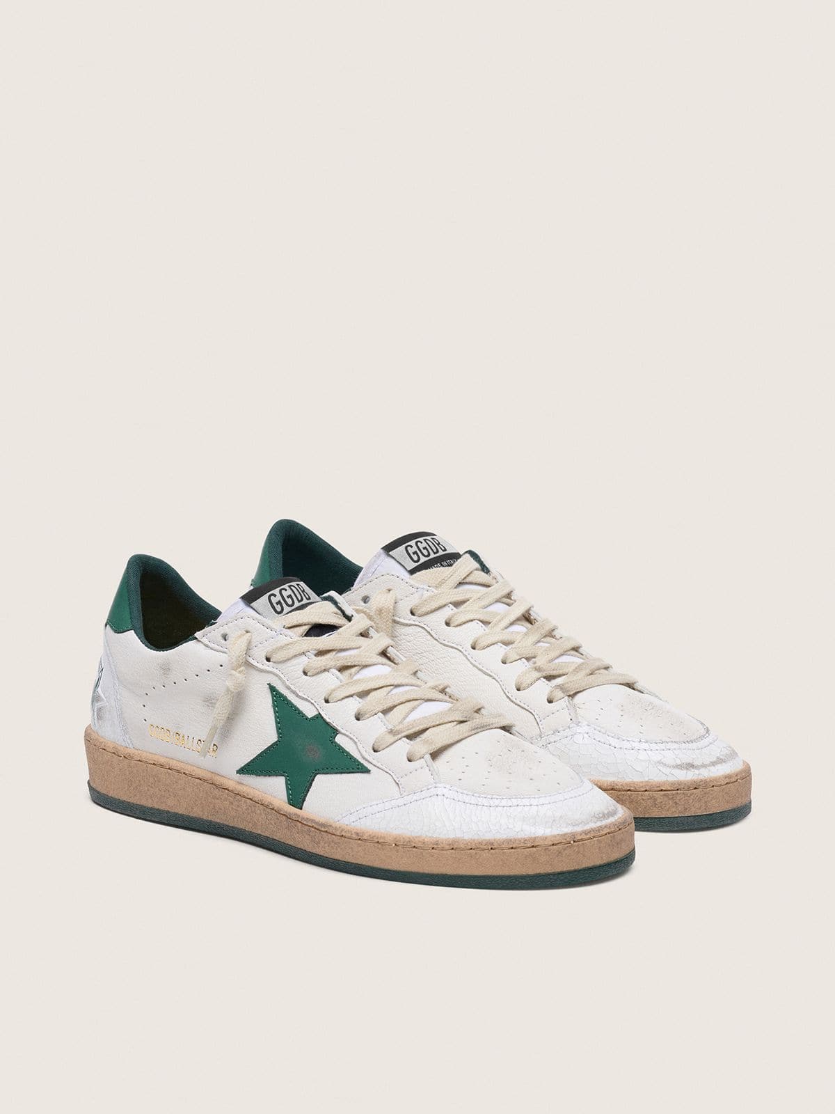 Golden Goose Womens Ball Star In White Nappa Leather With Green Leather Star And Heel Tab Womens