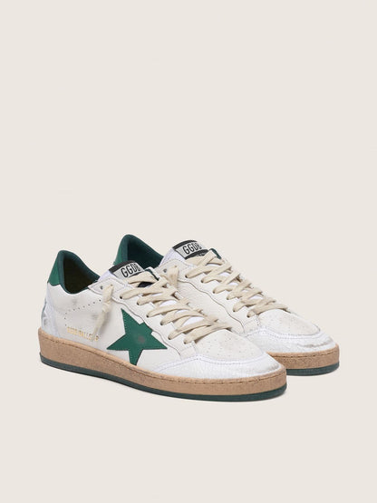 Golden Goose Womens Ball Star In White Nappa Leather With Green Leather Star And Heel Tab Womens