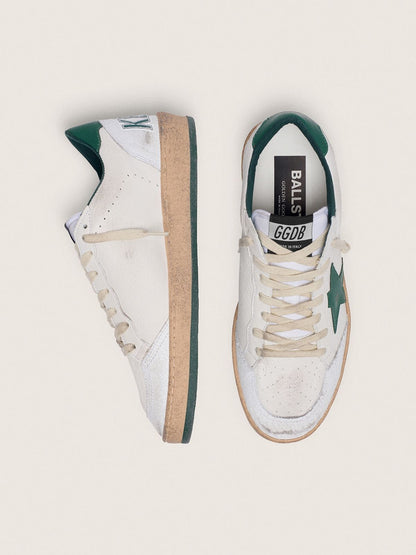 Golden Goose Womens Ball Star In White Nappa Leather With Green Leather Star And Heel Tab Womens