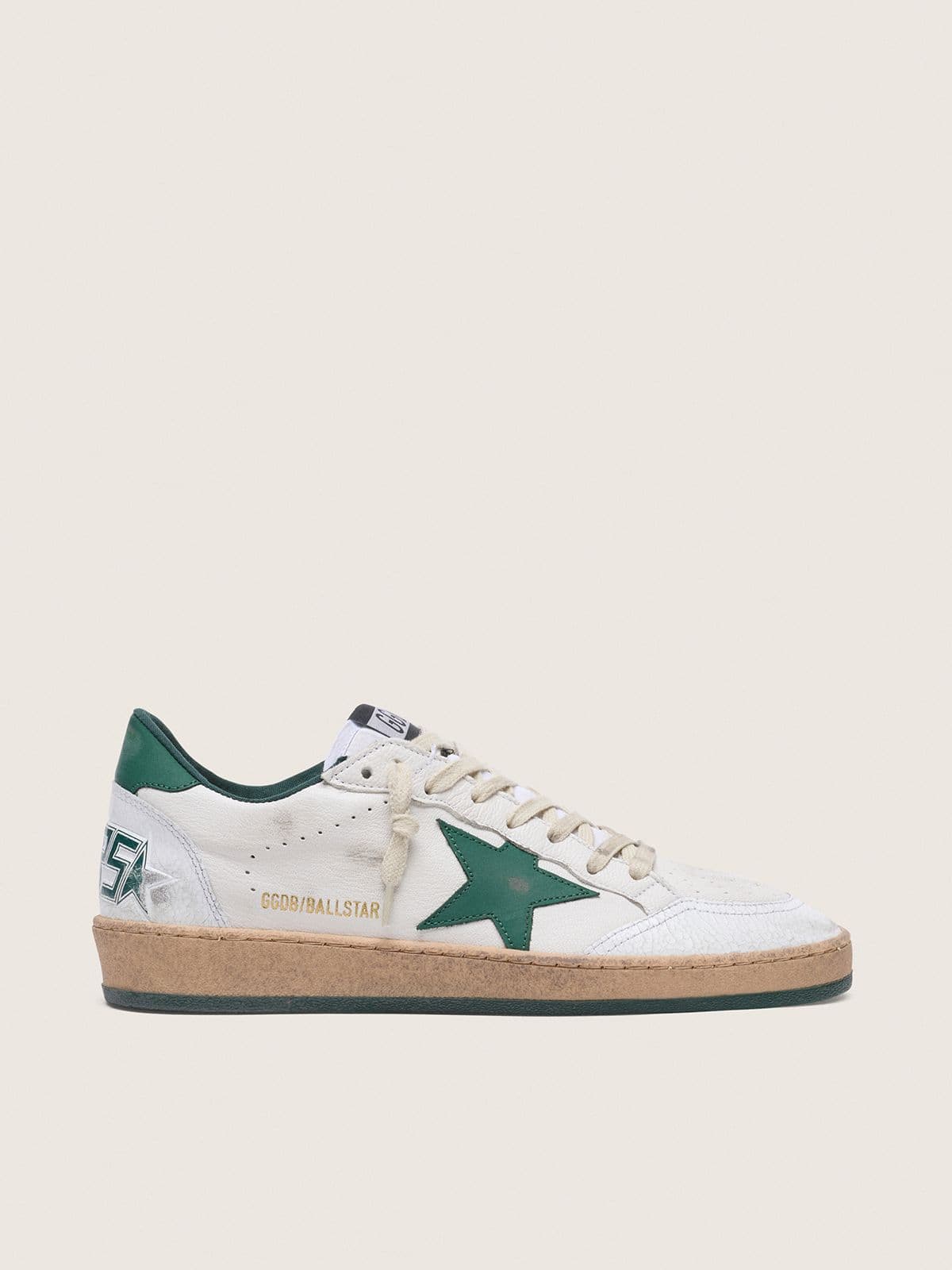 Golden Goose Womens Ball Star In White Nappa Leather With Green Leather Star And Heel Tab Womens