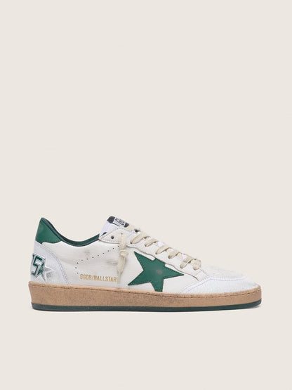 Golden Goose Womens Ball Star In White Nappa Leather With Green Leather Star And Heel Tab Womens