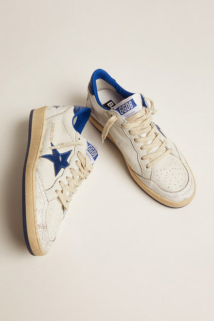 Golden Goose Womens Ball Star In White Nappa With Bright Blue Metallic Leather Star And Heel Tab Womens