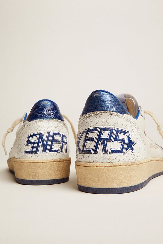 Golden Goose Womens Ball Star In White Nappa With Bright Blue Metallic Leather Star And Heel Tab Womens