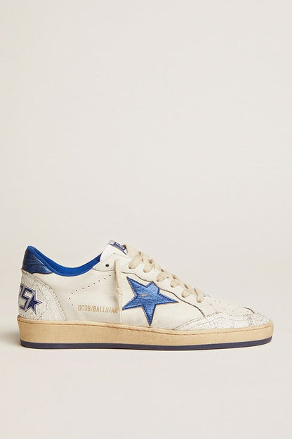 Golden Goose Womens Ball Star In White Nappa With Bright Blue Metallic Leather Star And Heel Tab Womens