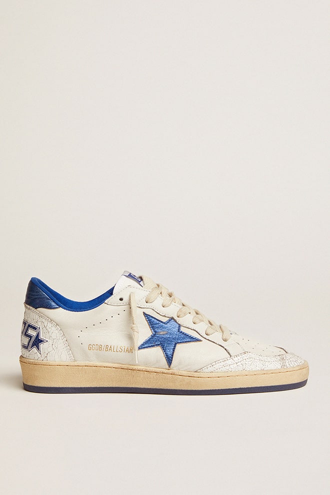 Golden Goose Womens Ball Star In White Nappa With Bright Blue Metallic Leather Star And Heel Tab Womens