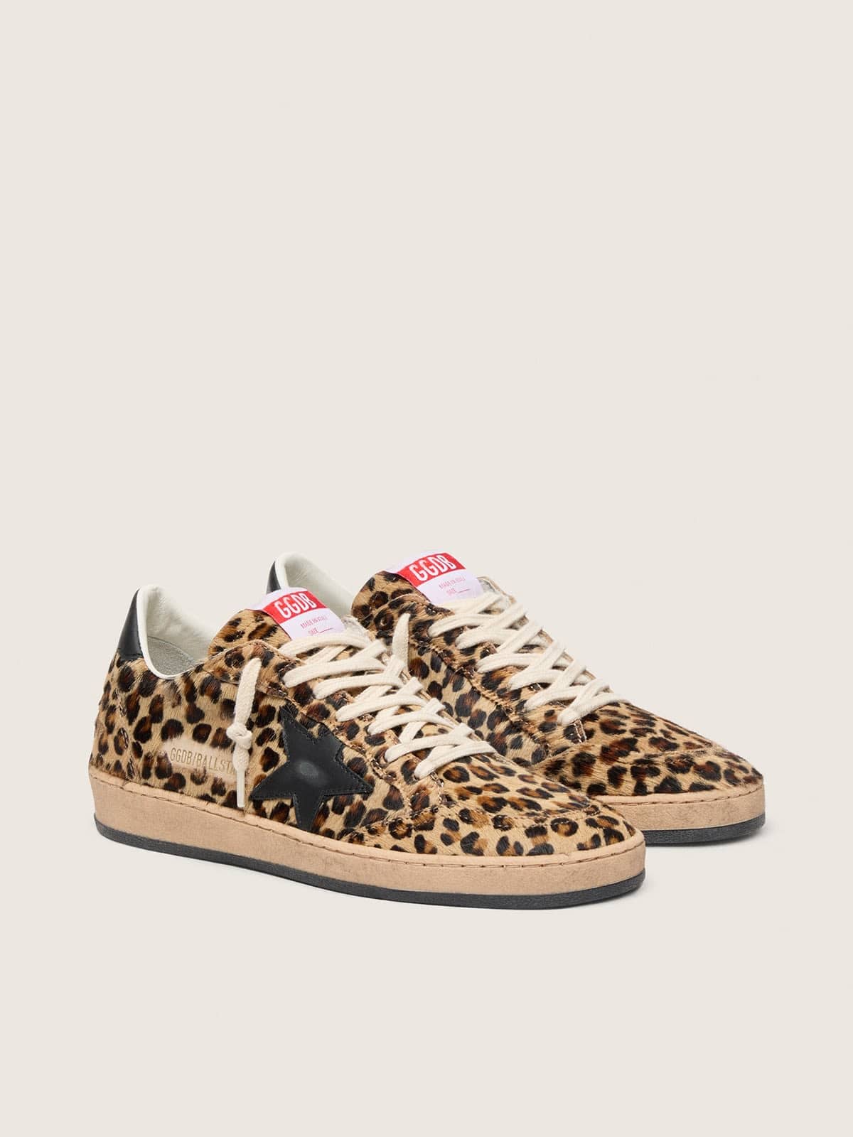 Golden Goose Womens Ball Star In Leo-Print Pony Skin, Black Leather Star & Heel Tab Womens