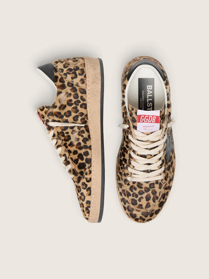 Golden Goose Womens Ball Star In Leo-Print Pony Skin, Black Leather Star & Heel Tab Womens