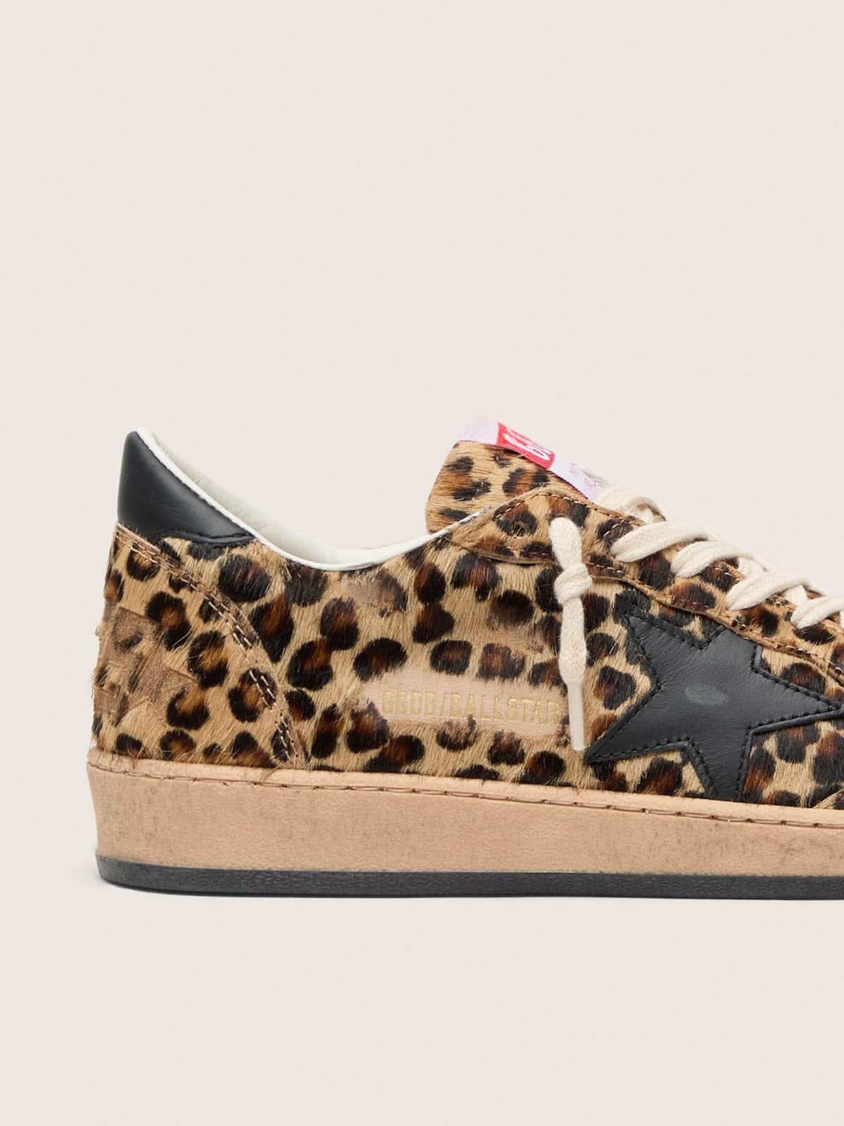 Golden Goose Womens Ball Star In Leo-Print Pony Skin, Black Leather Star & Heel Tab Womens