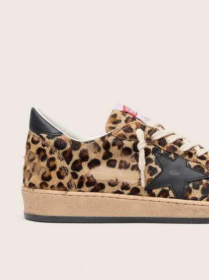 Golden Goose Womens Ball Star In Leo-Print Pony Skin, Black Leather Star & Heel Tab Womens