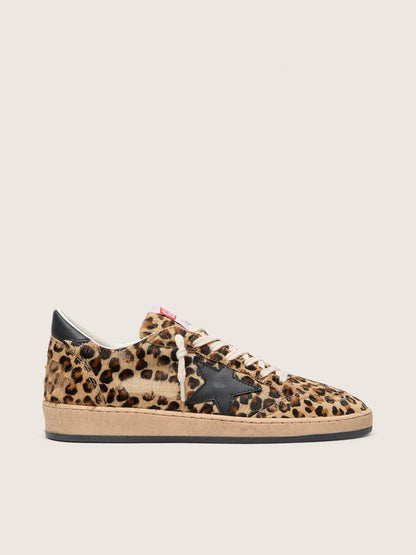 Golden Goose Womens Ball Star In Leo-Print Pony Skin, Black Leather Star & Heel Tab Womens