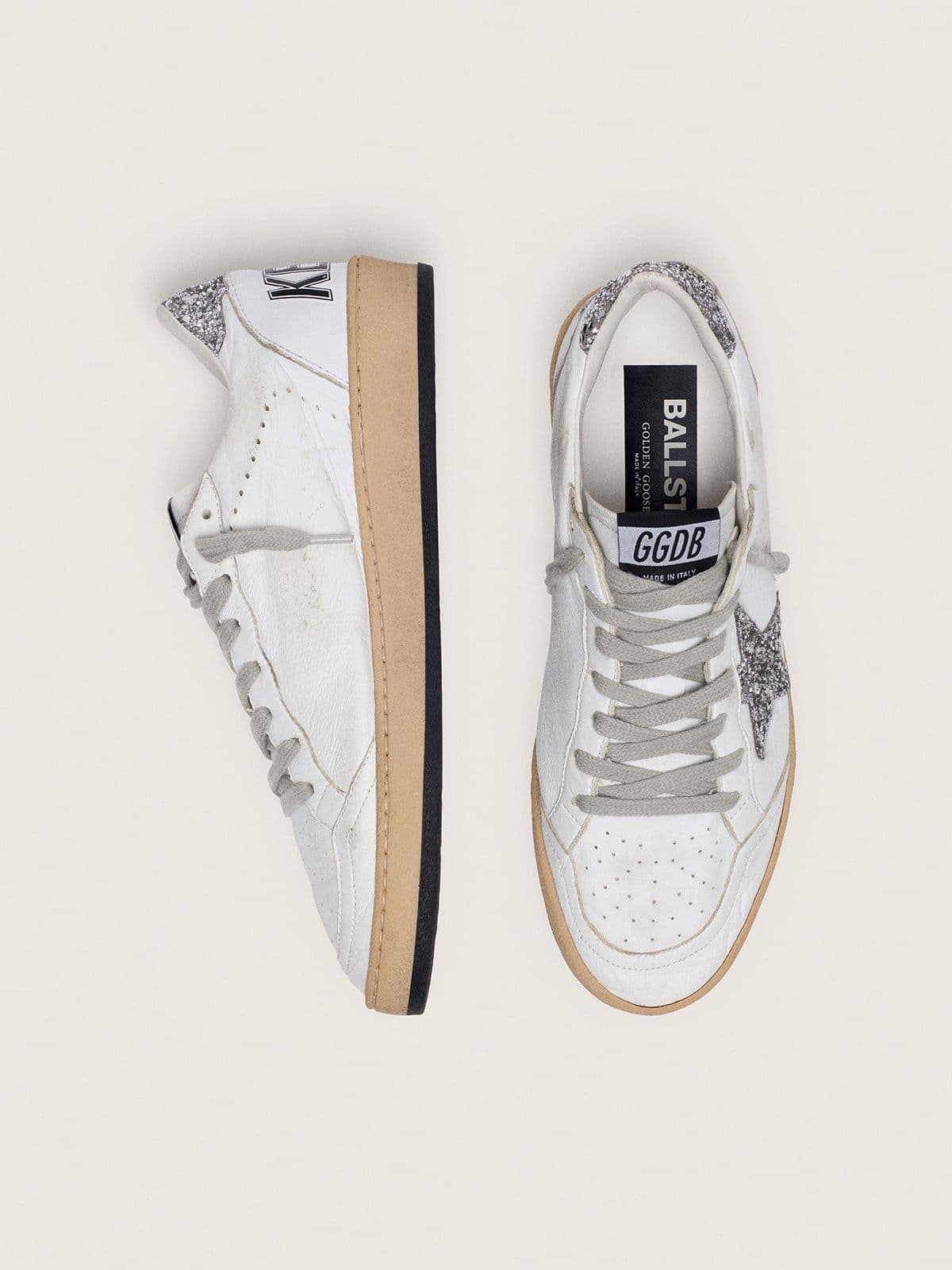 Golden Goose Womens Ball Star In Nappa With Silver Glitter Star And Heel Tab Womens