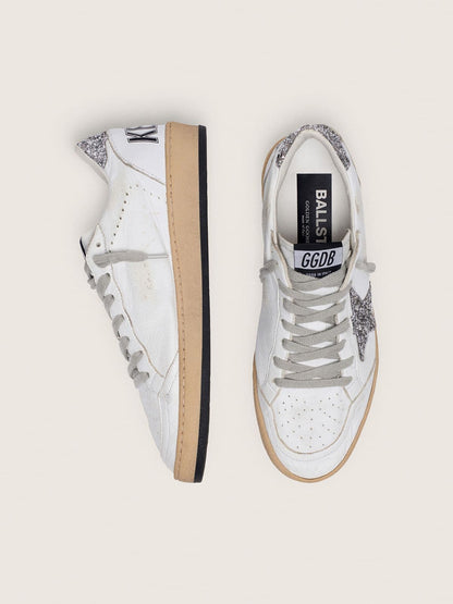 Golden Goose Womens Ball Star In Nappa With Silver Glitter Star And Heel Tab Womens