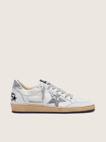 Golden Goose Womens Ball Star In Nappa With Silver Glitter Star And Heel Tab Womens