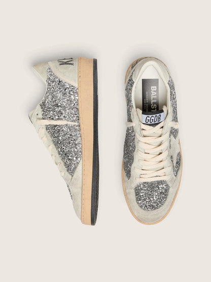 Golden Goose Womens Ball Star In Silver Glitter With Ice-Gray Suede Inserts Womens