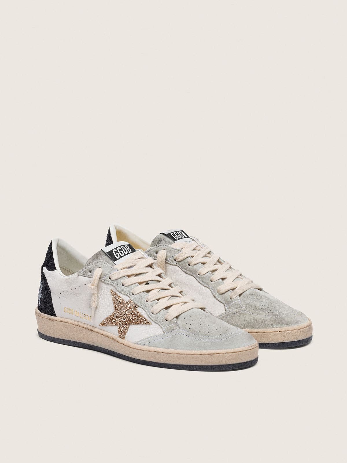 Golden Goose Womens Ball Star In Nappa And Suede With Glitter Star And Black Heel Tab Womens