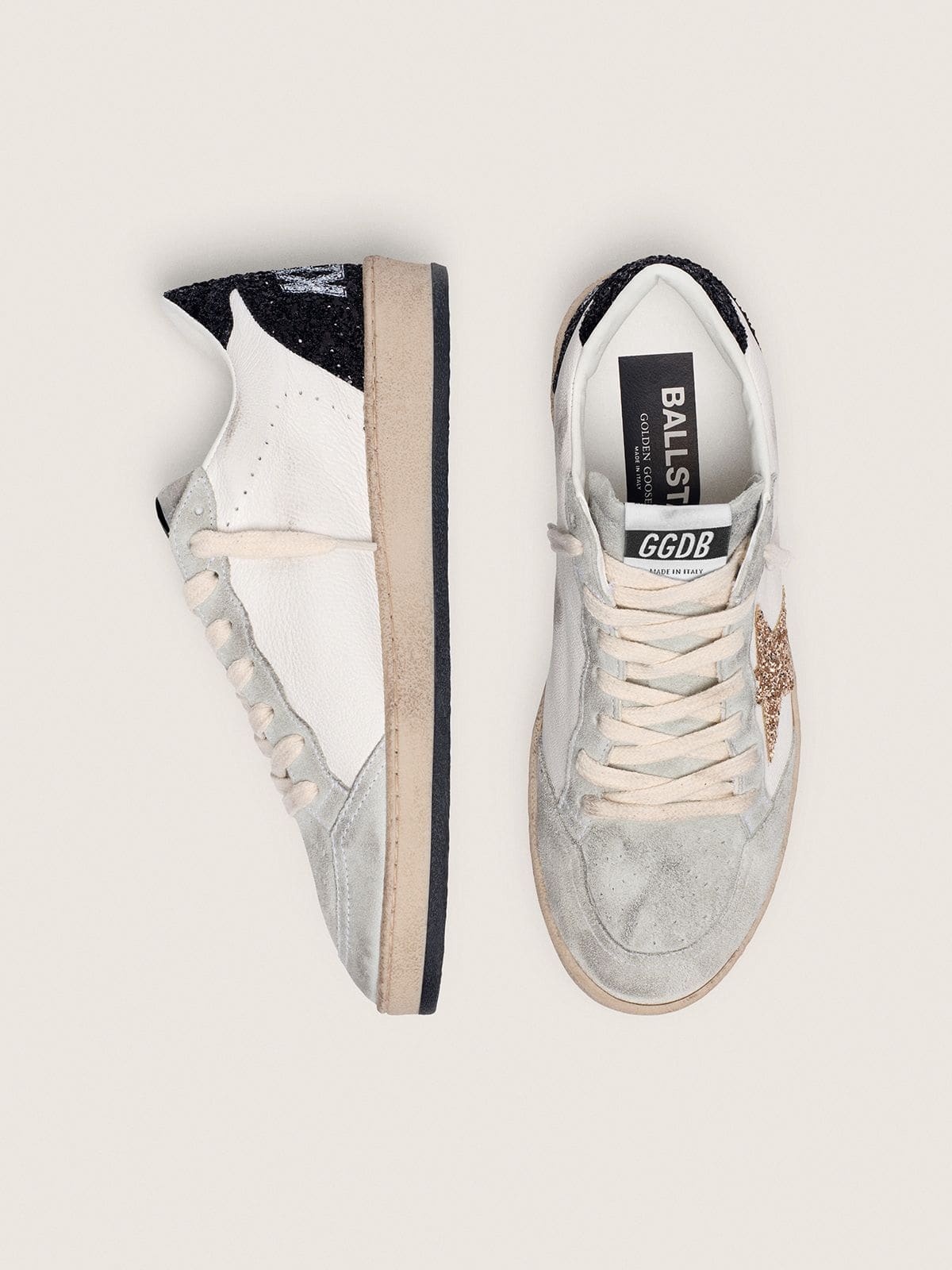 Golden Goose Womens Ball Star In Nappa And Suede With Glitter Star And Black Heel Tab Womens
