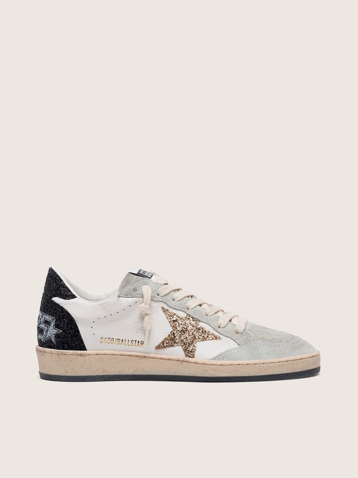 Golden Goose Womens Ball Star In Nappa And Suede With Glitter Star And Black Heel Tab Womens
