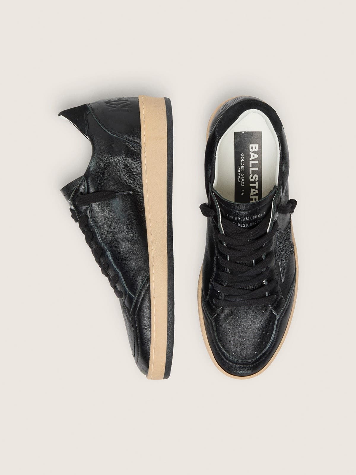Golden Goose Womens Ball Star In Black Nappa With Black Glitter Star And Suede Heel Tab Womens