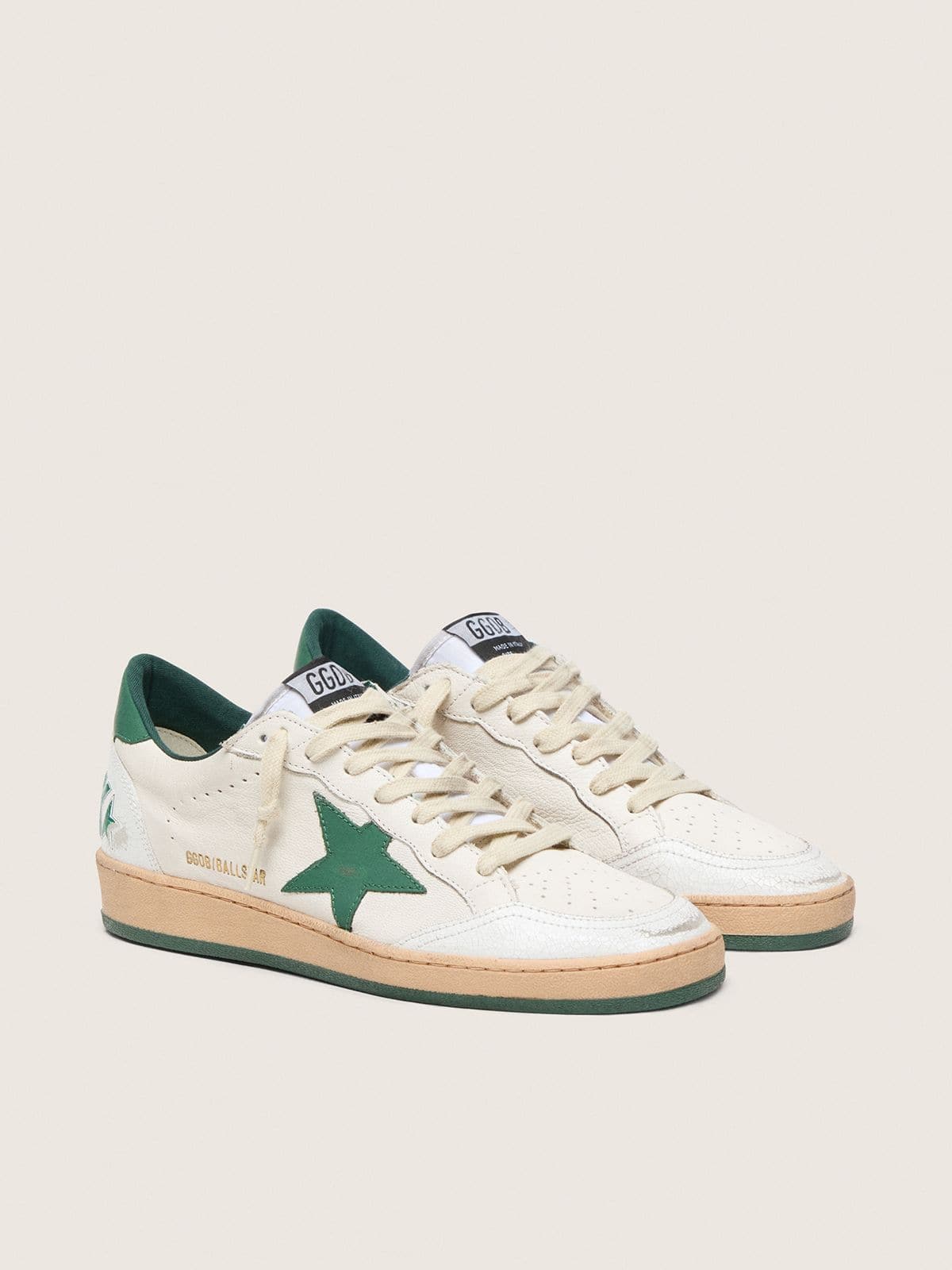 Golden Goose Womens Ball Star Wishes In White Nappa Leather With Green Leather Star And Heel Tab Womens