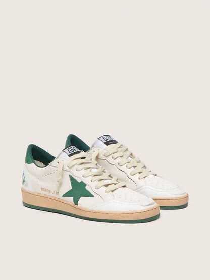 Golden Goose Womens Ball Star Wishes In White Nappa Leather With Green Leather Star And Heel Tab Womens